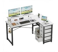 JUMMICO Bureau d'angle en L, 140x80cm, 4 Tiroirs, Réversible, Blanc | Bureau d'ordinateur, 2 Prises et 2 Ports USB de Courant, Support d'écran pour Travail à Domicile, Les Jeux