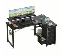 JUMMICO Bureau d'angle en L, 140x80cm, 4 Tiroirs, Réversible, Noir | Bureau d'ordinateur, 2 Prises et 2 Ports USB de Courant, Support d'écran pour Travail à Domicile, Les Jeux