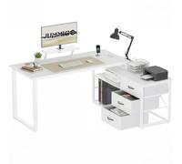 JUMMICO Bureau d'angle en L Réversible 140x100 cm, Bureau Blanc avec 3 Tiroirs, Étagères et Support Moniteur, Bureau Informatique avec Prise de Courant, Idéal pour Home Office
