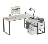 JUMMICO Bureau d'angle en L Réversible 140x100 cm, Bureau Gris avec 3 Tiroirs, Étagères et Support Moniteur, Bureau Informatique avec Prise de Courant, Idéal pour Home Office