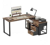 JUMMICO Bureau d'angle en L Réversible Style Industriel, 140x100 cm avec Aspect Bois Brûlé, Bureau Gamer avec Étagères de Rangement et Support Moniteur, Prise Intégrée