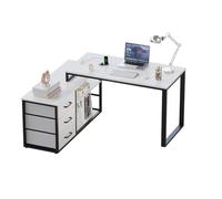 JUMMICO Bureau d'ordinateur 140 x 105 cm, Modèle en L Réversible, 3 Grands Tiroirs, Multiprise Intégrée et Panneau Perforé Réglable, Plateau Gris avec Pieds Noirs