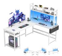 JUMMICO Bureau Gaming d'angle en L avec Rangement, 160x120 cm, Blanc | Bureau Informatique et Étagères, 2 Prises + 2 Ports USB, Cadre en Acier, LED
