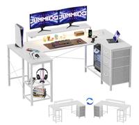 JUMMICO Bureau Gaming en U Réversible 170x95cm, Bureau d'angle, USB, Blanc | 3 Tiroirs de Rangement, 2 Prises + 2 Ports USB, Idéal pour Jeu, Télétravail & Setup Multi-Écran, Montage Facile