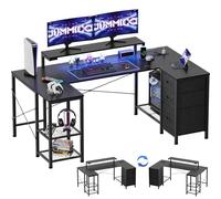 JUMMICO Bureau Gaming en U Réversible 170x95cm, Bureau d'angle, USB, Noir | 3 Tiroirs de Rangement, 2 Prises + 2 Ports USB, Idéal pour Jeu, Télétravail & Setup Multi-Écran, Montage Facile