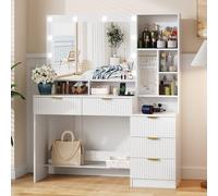 JUMMICO Coiffeuse avec Grand Miroir LED et Multiprise Intégrée, Table de Maquillage Moderne avec 5 Tiroirs, 6 Crochets pour Bijoux, Compartiments Ouverts, Meuble de Chambre à Coucher/Dressing (Blanc)