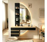 JUMMICO Coiffeuse Murale Moderne avec Miroir HD LED réglable, Grand Espace de Rangement, Table de Toilette Gain de Place pour Chambre (Noir)