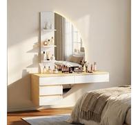 JUMMICO Coiffeuse Murale Moderne avec Miroir HD LED réglable, Grand Espace de Rangement, Table de Toilette Gain de Place pour Chambre (Blanc)