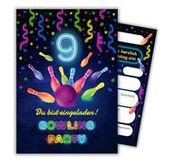 JuNa-Experten Lot de 12 cartes d'invitation pour 9e anniversaire d'enfant avec cônes bowling pour garçons et filles - Invitations cool - Neuvième anniversaire de fille