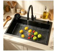 JUNFUNNLE Évier de cuisine, grand bac en acier inoxydable, 1 bac à encastrer, évier de cuisine avec grille en acier inoxydable, grille d'égouttement, bonde et kit de trop-plein (noir-b, 80 x 50 x 22