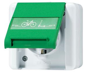 Jung 820 GN NAWEB Prise avec symbole de charge E-Bike + couvercle rabattable + champ d'inscription IP44 gris/vert