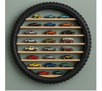 Jungengel Étagère Murale Voitures Miniatures 50cm - Bois et Pneu Recyclé - Présentoir Rond 7-8 Compartiments - Décoration Garage