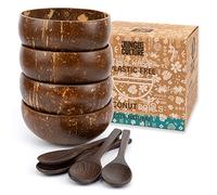 Jungle Culture® Bols Noix de Coco et Cuillères en Bois • Lot de 4 Bols Naturels avec Pailles en Bambou & eBook • Bol pour Céréales, Smoothie, Poke, Buddha Bowl • Cadeau Artisanale