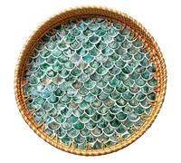 JUNGLE CULTURE Grand Plateau de Service en rotin de 34 cm avec Nacre • Collection Coastal Boho • Plateau de Service Fait Main avec poignées • Plateaux de Table Ronds tissés pour la Maison • Panier en