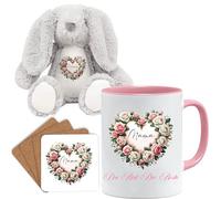 Jungle Mug Coffret cadeau pour la fête des mères : adorable ours en peluche, tasse et soucoupe - Cœur en fleurs avec inscription « Mama »