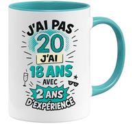 Jungle Mug | Mug 20 Ans Anniversaire Humour | Cadeau Original Femme Homme 20e Année | Tasse Drôle J’ai Pas 20 Ans - J’ai 18 Avec 2 Ans d’Expérience | Céramique, Blanc/Bleu, 330 ml