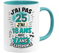 Jungle Mug | Mug 25 Ans Anniversaire Humour | Cadeau Original Femme Homme 25e Année | Tasse Drôle J’ai Pas 25 Ans - J’ai 18 Avec 7 Ans d’Expérience | Céramique, Blanc/Bleu, 330 ml