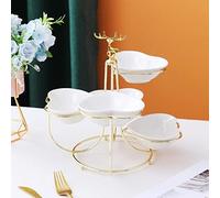 JUNYFFF Corbeille A Fruit 5 Etages Céramique, Grande Panier A Fruit (avec Support en Métal * 1/Bol en Céramique * 5) Porte-Fruits Plateaux De Service pour Collations Gâteaux Fêtes Dessert,Blanc