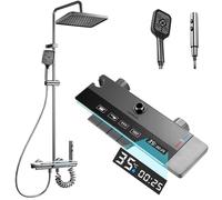 JUPPLIES Colonne de Douche Thermostatique Noir Titanium 4 en 1 - Effet Pluie 25cm | Écran LED | Mitigeur Céramique | Douchette + Cascade Baignoire | Kit Douche Complète Noir Mat