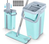 JUPPLIES Seau Serpillère avec Essoreur | Double Compartiment 7,5L | Balai Serpillère Plate Microfibre | Manche Télescopique Réglable 118cm | Tête Pivotante 360°