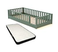 JURABABY - Lit au sol enfant en bois SONHO avec matelas - 90x190 - Vert sauge| Avec barrière amovible gauche ou droite | Lit enfant avec sommier
