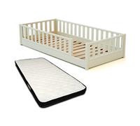 JURABABY - Lit au sol enfant en bois SONHO avec matelas - 90x190 - Blanc perle | Avec barrière amovible gauche ou droite | Lit enfant avec sommier