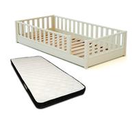 JURABABY - Lit au sol enfant en bois SONHO avec matelas - 90x190 - Blanc perle | Avec barrière amovible gauche ou droite | Lit enfant avec sommier