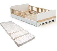 JURABABY - Lit au sol enfant extensible en bois 80x140-165-190 CARROUSEL avec matelas - Blanc, Lit évolutif, transformable avec 3 longueurs, Sommier à lattes, barrières anti-chutes, compact