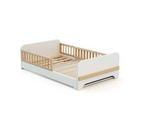 JURABABY - Lit au sol enfant extensible en bois 80x140-165-190 CARROUSEL - Blanc, Lit évolutif, transformable avec 3 longueurs, Sommier à lattes, barrières anti-chutes, compact