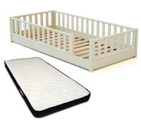 JURABABY - Lit au sol enfant en bois SONHO avec matelas - 90x190 - Blanc perle | Avec barrière amovible gauche ou droite | Lit enfant avec sommier