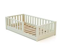 JURABABY - Lit enfant au sol en bois SONHO MINI - 70x140 - Blanc Perle | Avec barrière amovible gauche ou droite | Lit enfant avec sommier à lattes