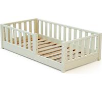 JURABABY - Lit enfant au sol en bois SONHO MINI - 70x140 - Blanc Perle | Avec barrière amovible gauche ou droite | Lit enfant avec sommier à lattes