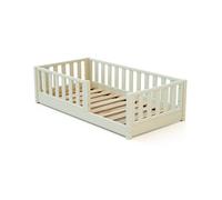 JURABABY - Lit enfant au sol en bois SONHO MINI - 70x140 - Blanc Perle | Avec barrière amovible gauche ou droite | Lit enfant avec sommier à lattes