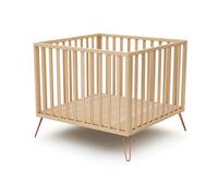 JURABABY - Parc bébé en bois ONLY Hêtre et Terracotta 100 x 100 cm| Parc XXL avec Fond réglable 3 hauteurs |Pieds en acier |Structure bois massif