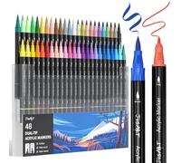 JusArt Lot de 48 stylos de peinture acrylique à double pointe - Pinceau et pointe fine - Stylos de peinture de qualité supérieure pour bois, toile, œuf, pierre, tissu, roches, métal, verre, céramique