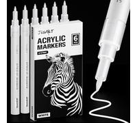 JusArt Lot de 6 marqueurs acryliques blancs à pointe fine de 0,7 mm pour peinture sur roche, projets artistiques, céramique, verre, bois, métal, tissu, bricolage, bricolage, marqueur permanent blanc
