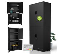 Juskys Armoire de Bureau en métal 180x80x40 cm - Armoire verrouillable en Acier avec 2 Portes, 3 étagères réglables & Pieds Ajustables - Noir