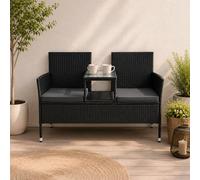 Juskys Banquette de Jardin en polyrotin Monaco - Banc 2 Places avec Table & Coussins - 133 × 63 × 84 cm - rotin résistant aux intempéries, pour Jardins et balcons - Noir