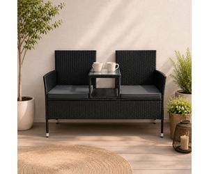 Juskys Banquette de Jardin en polyrotin Monaco - Banc 2 Places avec Table & Coussins - 133 × 63 × 84 cm - rotin résistant aux intempéries, pour Jardins et balcons - Noir