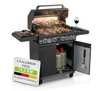 Juskys Barbecue à gaz Savannah - 4 brûleurs et 1 brûleur latéral - XXL en acier avec grille de cuisson en fonte, plaque de cuisson, meuble bas pour bouteille de gaz