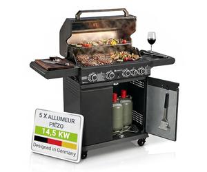 Juskys Barbecue à gaz Savannah - 4 brûleurs et 1 brûleur latéral - XXL en acier avec grille de cuisson en fonte, plaque de cuisson, meuble bas pour bouteille de gaz
