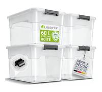 Juskys Boîte de rangement avec couvercle - ensemble de 4 boîtes en plastique de 60 l - grande boîte, empilable, transparente - rangement système de rangement boîtes de rangement