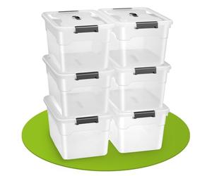 Juskys Boîte de rangement avec couvercle - ensemble de 6 boîtes en plastique de 30 l - grande boîte, empilable, transparente - rangement système de rangement boîtes de rangement