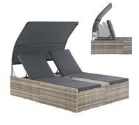 Juskys Chaise Longue Double en polyrotin Syros - Transat de Jardin pour 2 Personnes - Chaise d'extérieur avec auvent et Coussins - Appuie-tête réglable - Gris chiné