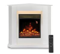 Juskys Cheminée électrique 1000/2000W avec Chauffage, cheminée, Effet Flamme, télécommande, éclairage LED et minuterie - Cheminée électrique d'angle (Blanc)(96x57x94cm)