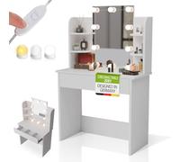 Juskys Coiffeuse Zoey avec éclairage LED - Grand Miroir avec Cadre, tiroirs et étagères - Meuble Compact et Fonctionnel - Blanc - Style Moderne