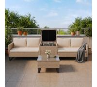 Juskys Coin Lounge extérieur Santorini en polyrotin - Salon de Jardin avec Table Basse et Coffre à Coussins - Meubles de Jardin en Imitation rotin résistant aux intempéries - Crème