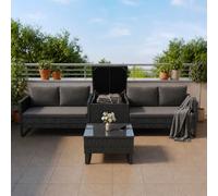 Juskys Coin Lounge extérieur Santorini en polyrotin - Salon de Jardin avec Table Basse et Coffre à Coussins - Meubles de Jardin en Imitation rotin résistant aux intempéries - Noir