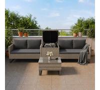 Juskys Coin Lounge extérieur Santorini en polyrotin - Salon de Jardin avec Table Basse et Coffre à Coussins - Meubles de Jardin en Imitation rotin résistant aux intempéries - Gris chiné