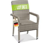 Juskys Ensemble de 2 chaises de Jardin Yoro en rotin avec accoudoirs et Dossier - 2 chaises empilables - Chaise en rotin pour Le Jardin - Chaise empilable Chaise de Balcon Gris chiné